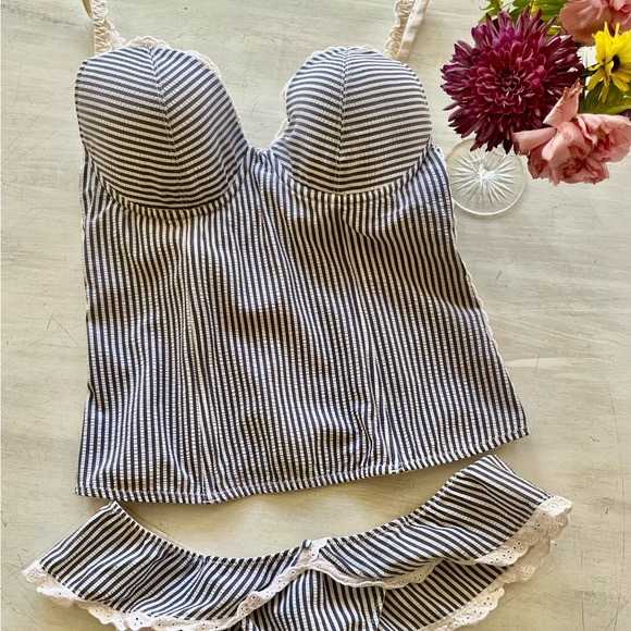Jessica Simpson Striped Bustier Top and Ruffle G-String Bottom - Teddy - Picture 1 of 9